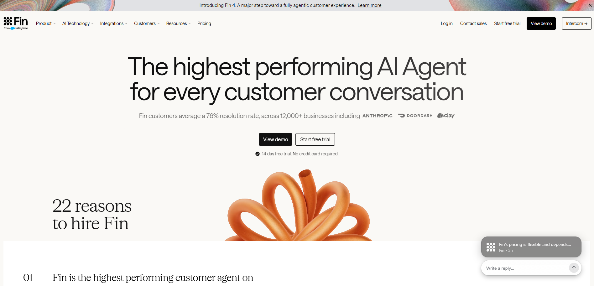 Fin AI website landing page header with a product description, demo buttons, and a chat interface preview.