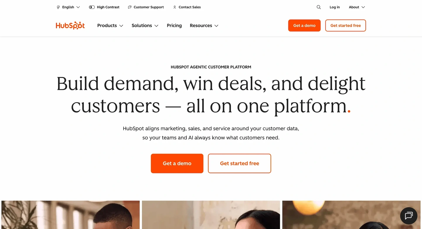 HubSpot homepage featuring the headline Build demand, win deals, and delight customers, all on one platform.