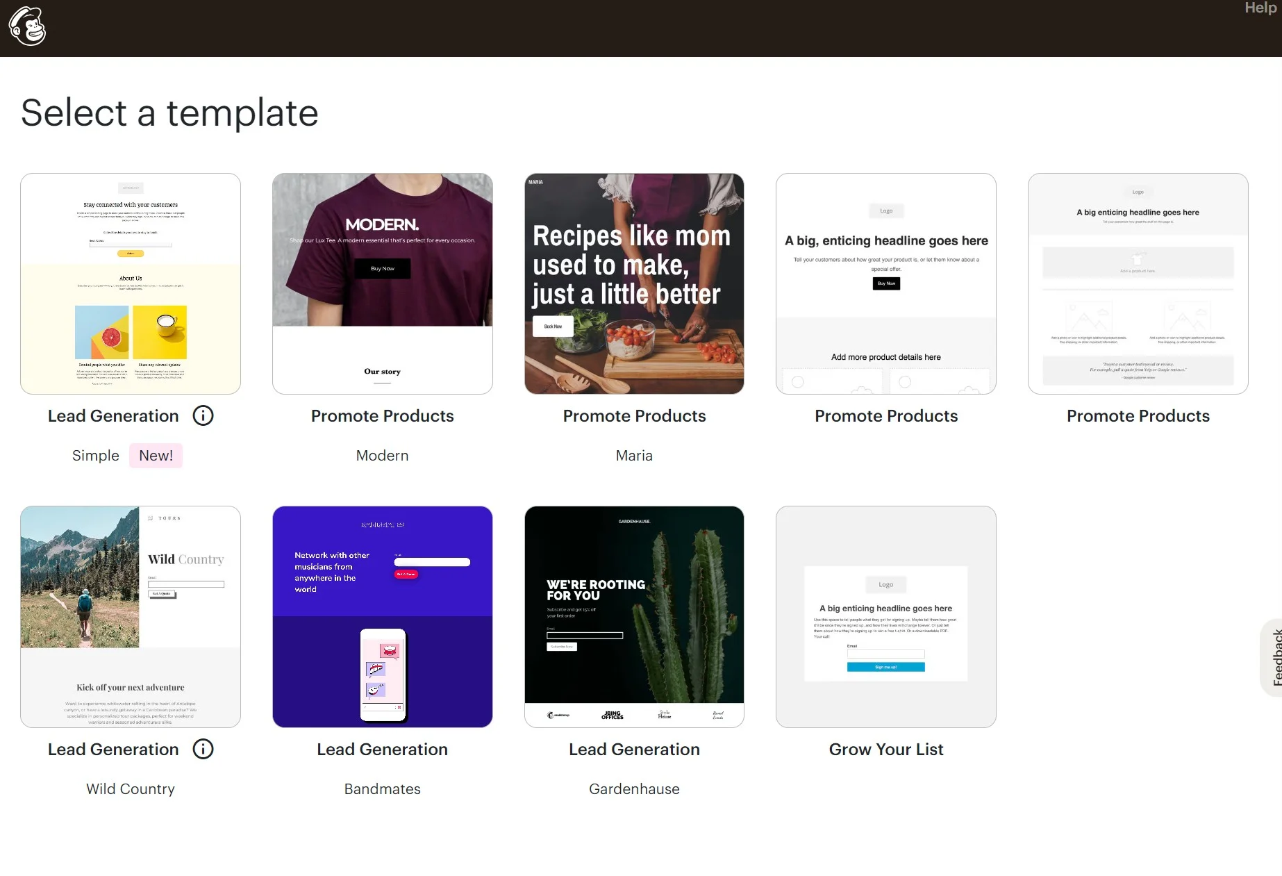 A grid of email marketing templates to choose from, categorized by goal such as lead generation and promoting products.