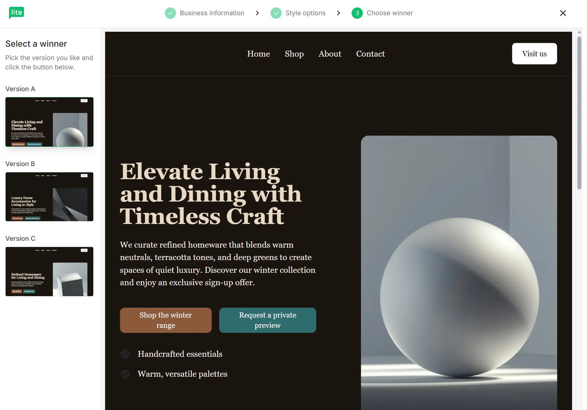 Web design interface displaying three website layout variations to choose from.