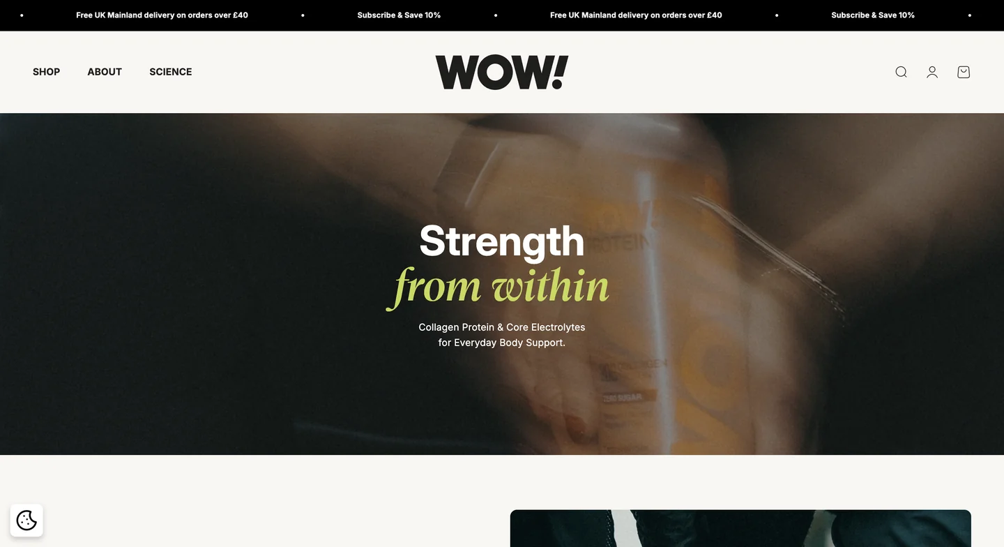 WOW Hydrate’s homepage featuring an athlete-focused background image and the headline “Strength from within.”