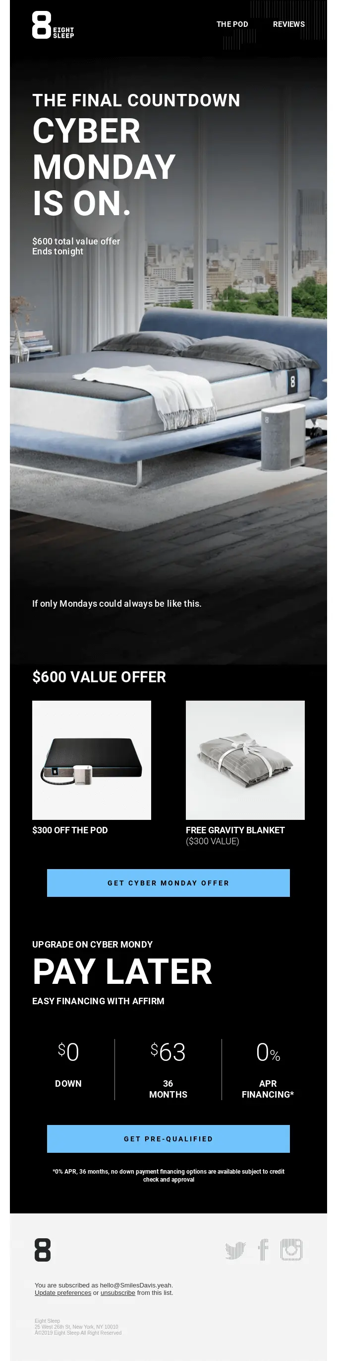 Eight Sleep Cyber Monday sale advertisement featuring a $600 value offer on The Pod and a gravity blanket.