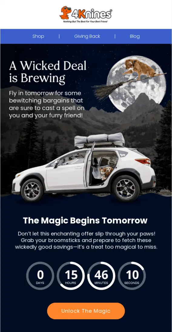 4Knines promotional email advertising a Halloween-themed sale countdown with a dog flying on a broomstick.