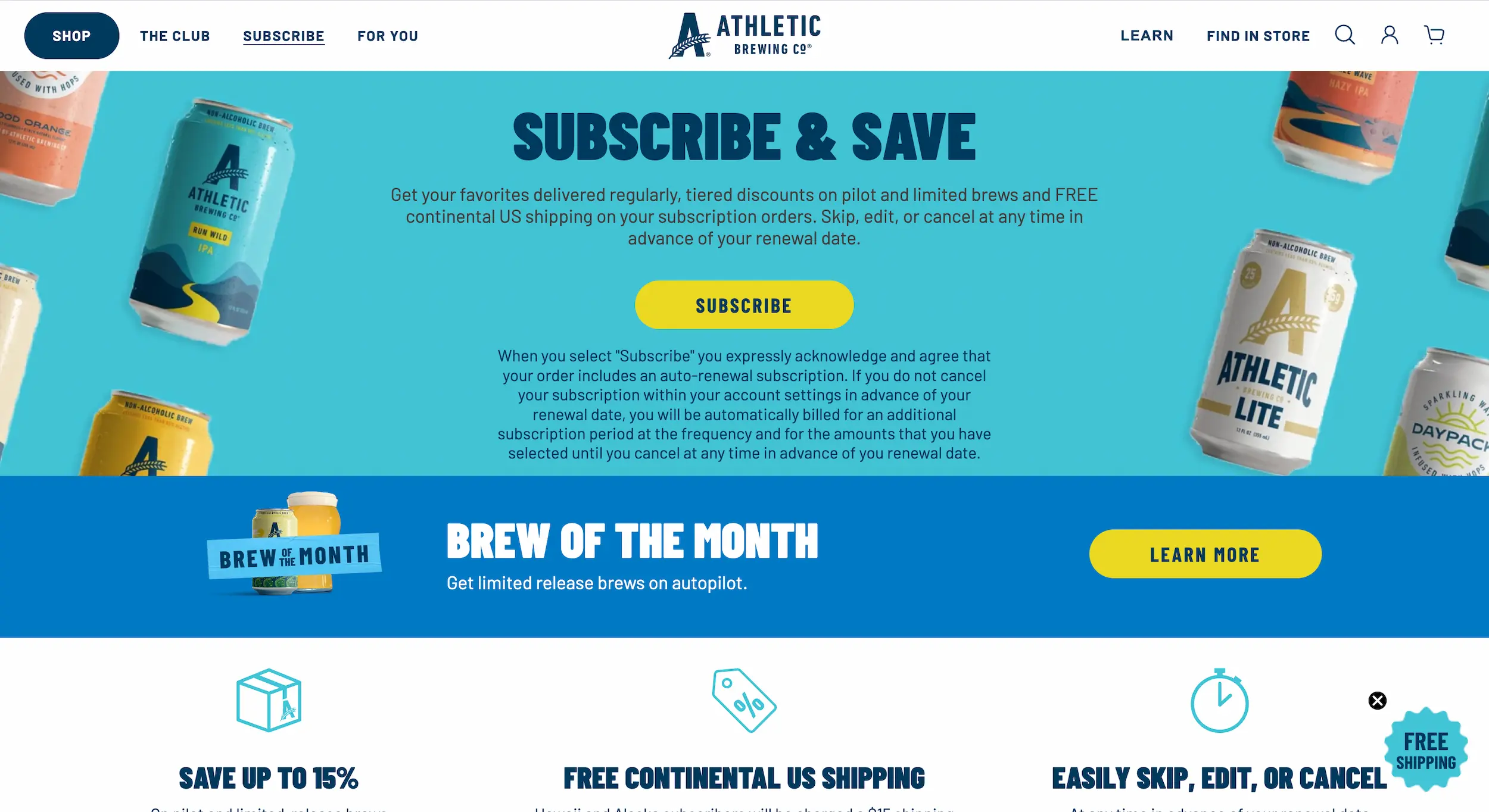 Best Shopify food and beverage stores: Athletic Brewing’s Subscribe & Save webpage featuring non-alcoholic beer cans, subscription discounts of up to 15%, free shipping, and flexible delivery options.