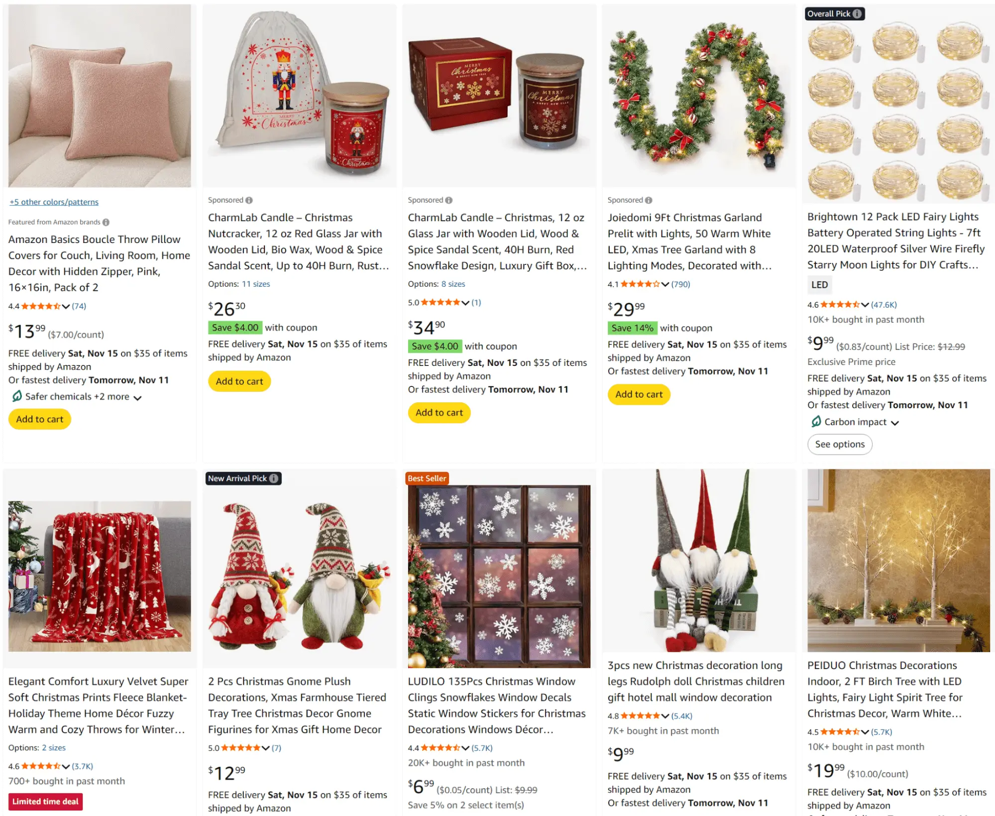 A grid of various Christmas-themed home decorations, including pillows, candles, garlands, fairy lights, and gnome dolls.