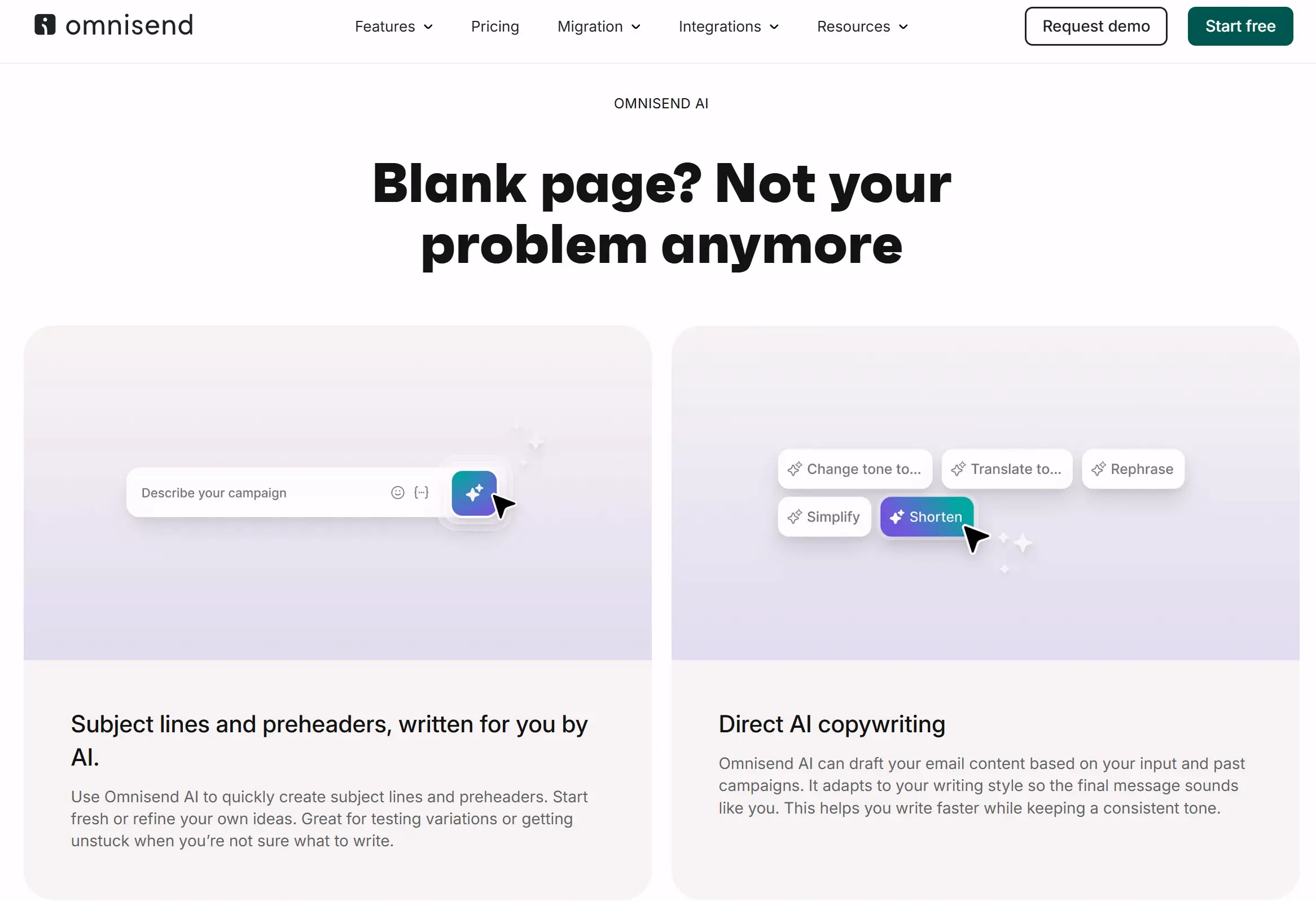 Omnisend AI marketing webpage showing tools for AI-generated subject lines and email copywriting.