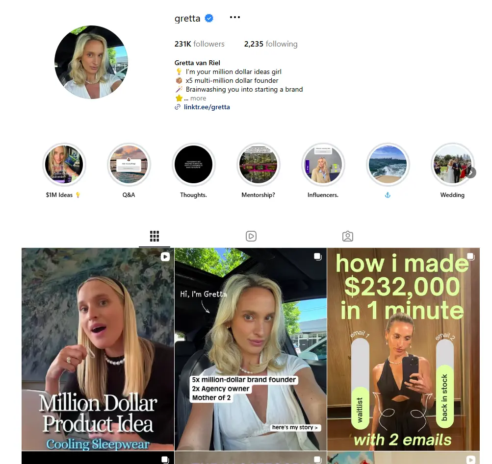 Instagram profile page for Gretta van Riel featuring a profile photo, bio, story highlights, and a grid of recent posts.