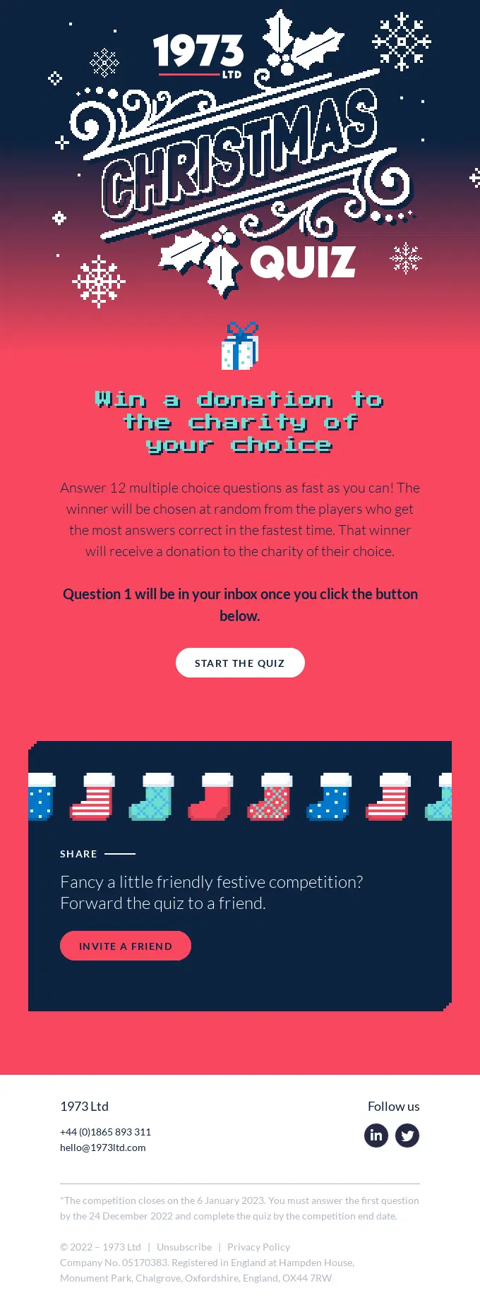 Festive quiz promotion with a win-a-donation message, a Start the Quiz button, and holiday-themed illustrations.