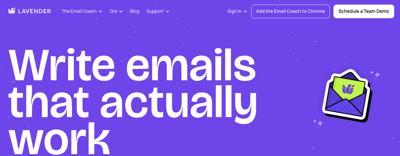 Lavender website header: Write emails that actually work with an envelope icon.