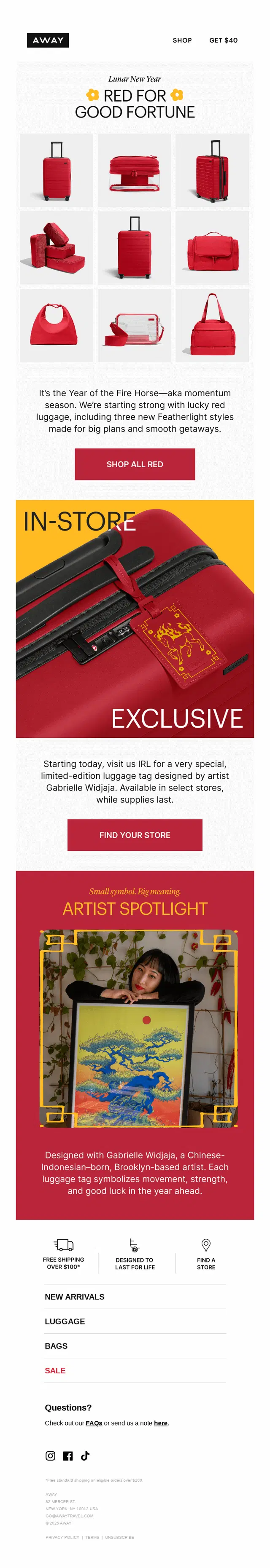 Away email newsletter featuring red luggage for Chinese New Year, an artist collaboration, and store locator links.