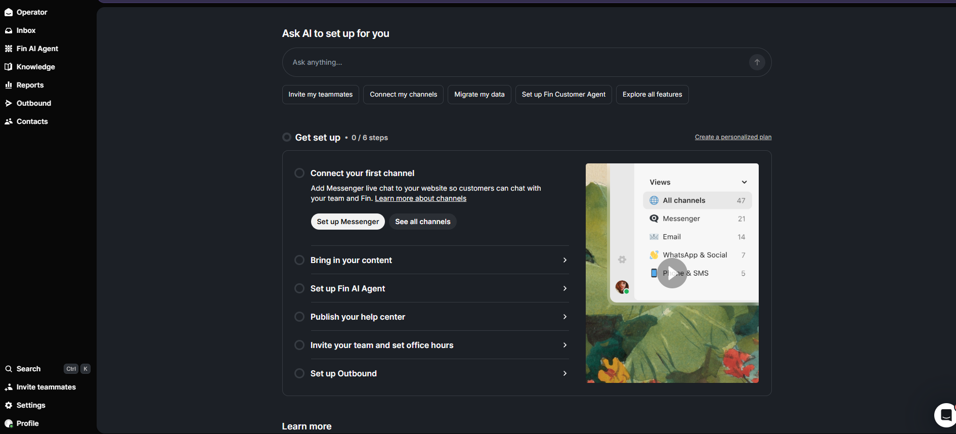 Interface for an AI setup tool with a checklist and a video preview of message channels.