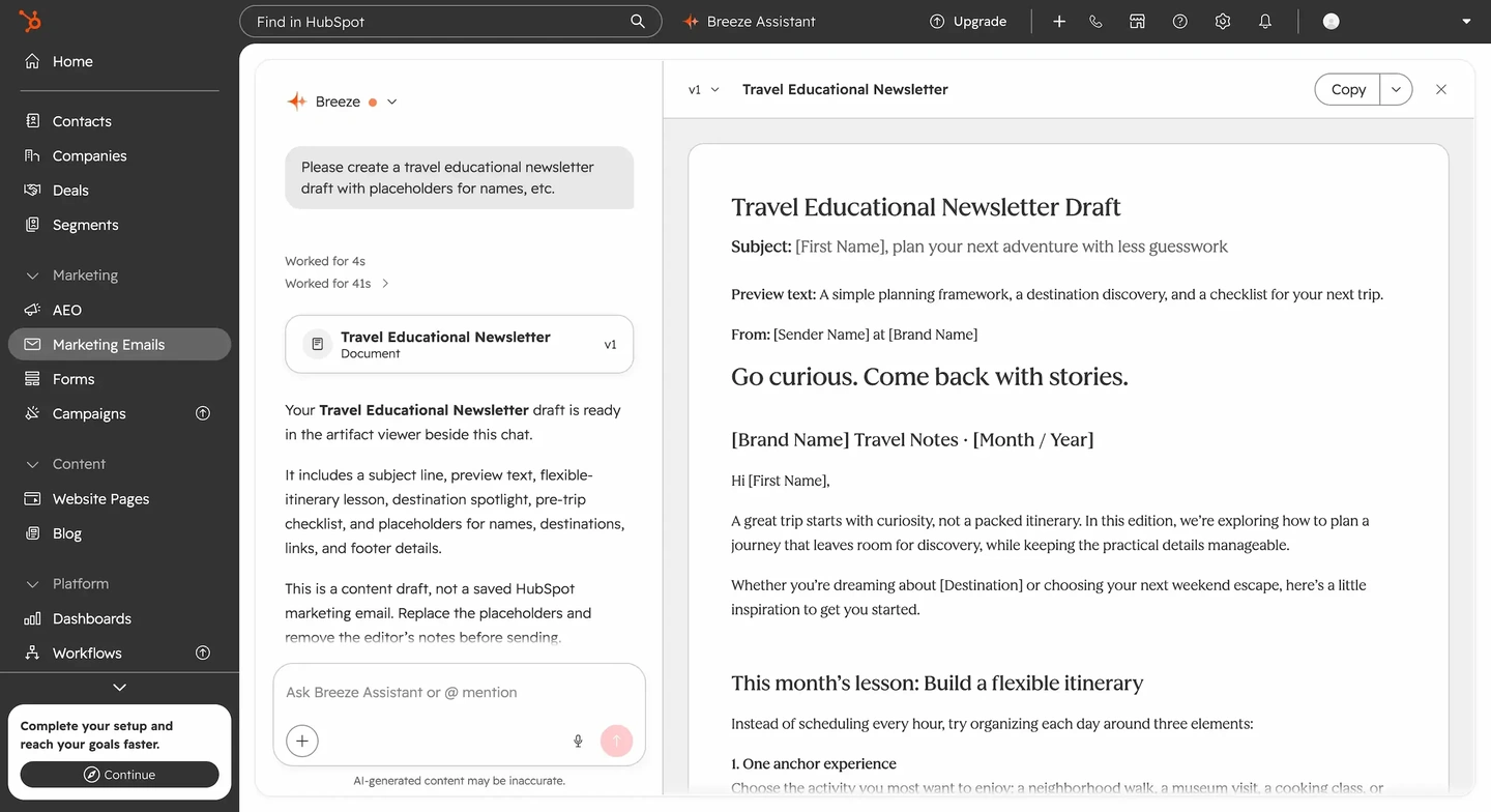 HubSpot interface showing a travel newsletter draft in the Breeze AI artifact window.
