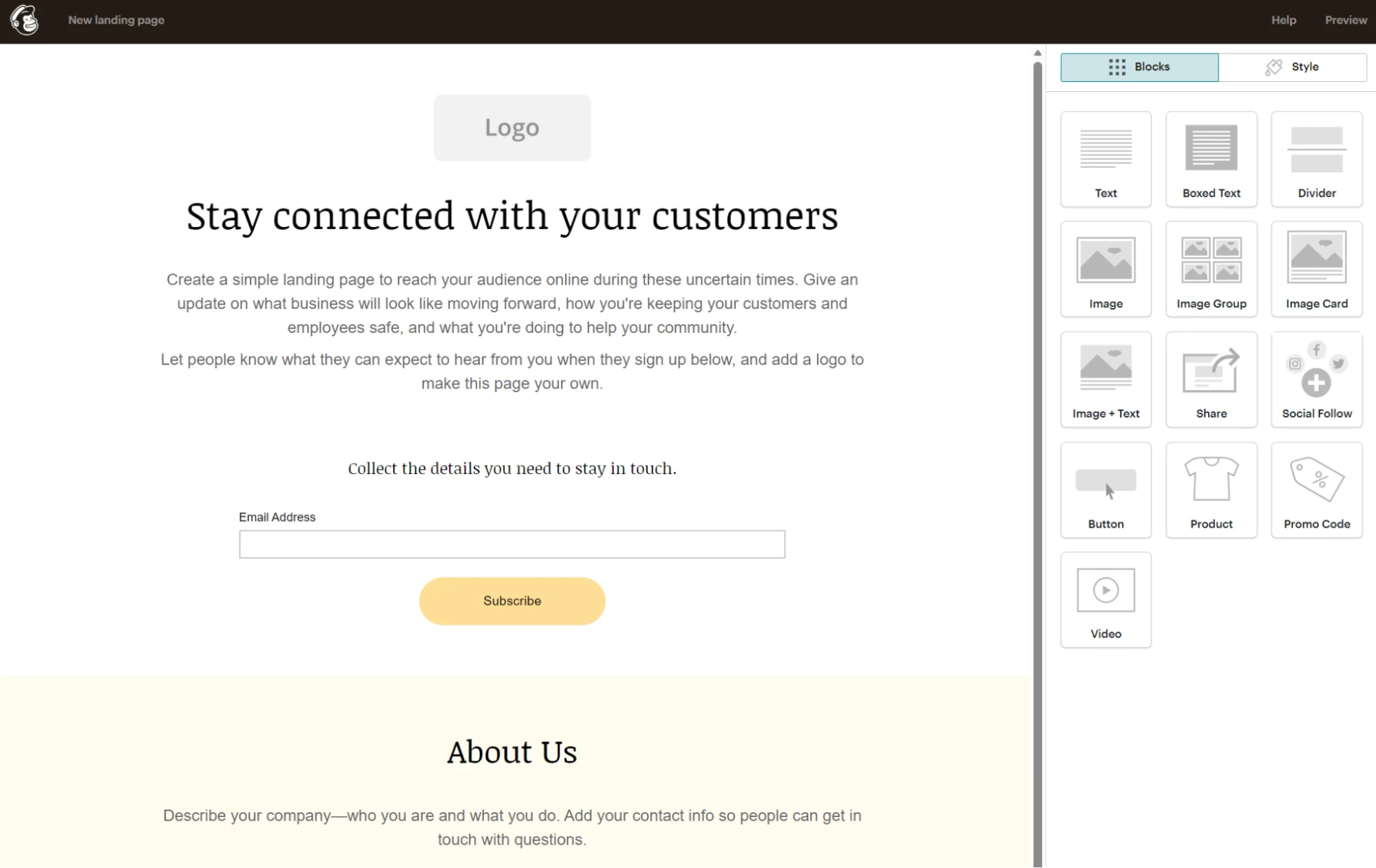 A landing page builder interface showing a landing page template being edited with a sidebar of drag-and-drop content blocks.