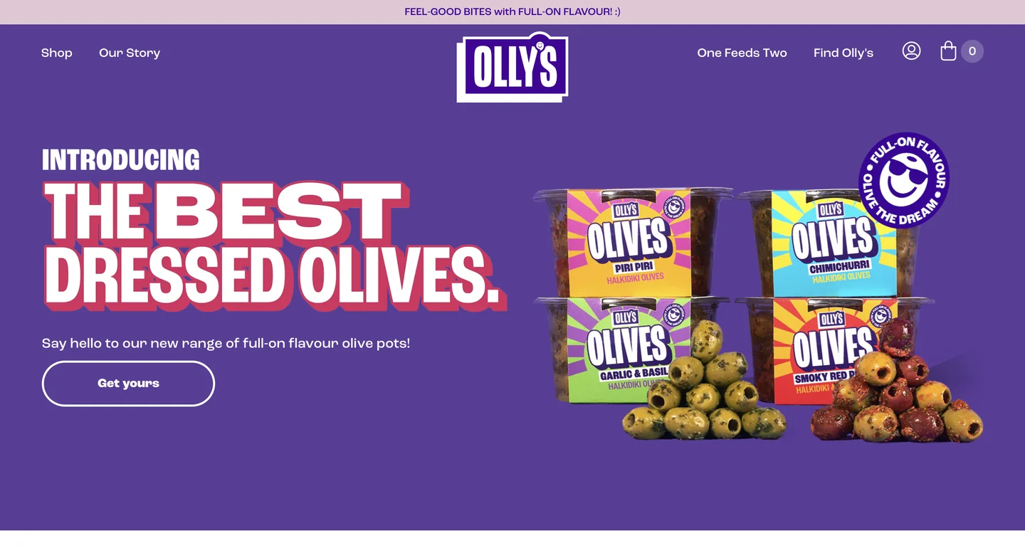 Olly’s Snacks’ homepage showcasing packaged flavored olives against a purple background.
