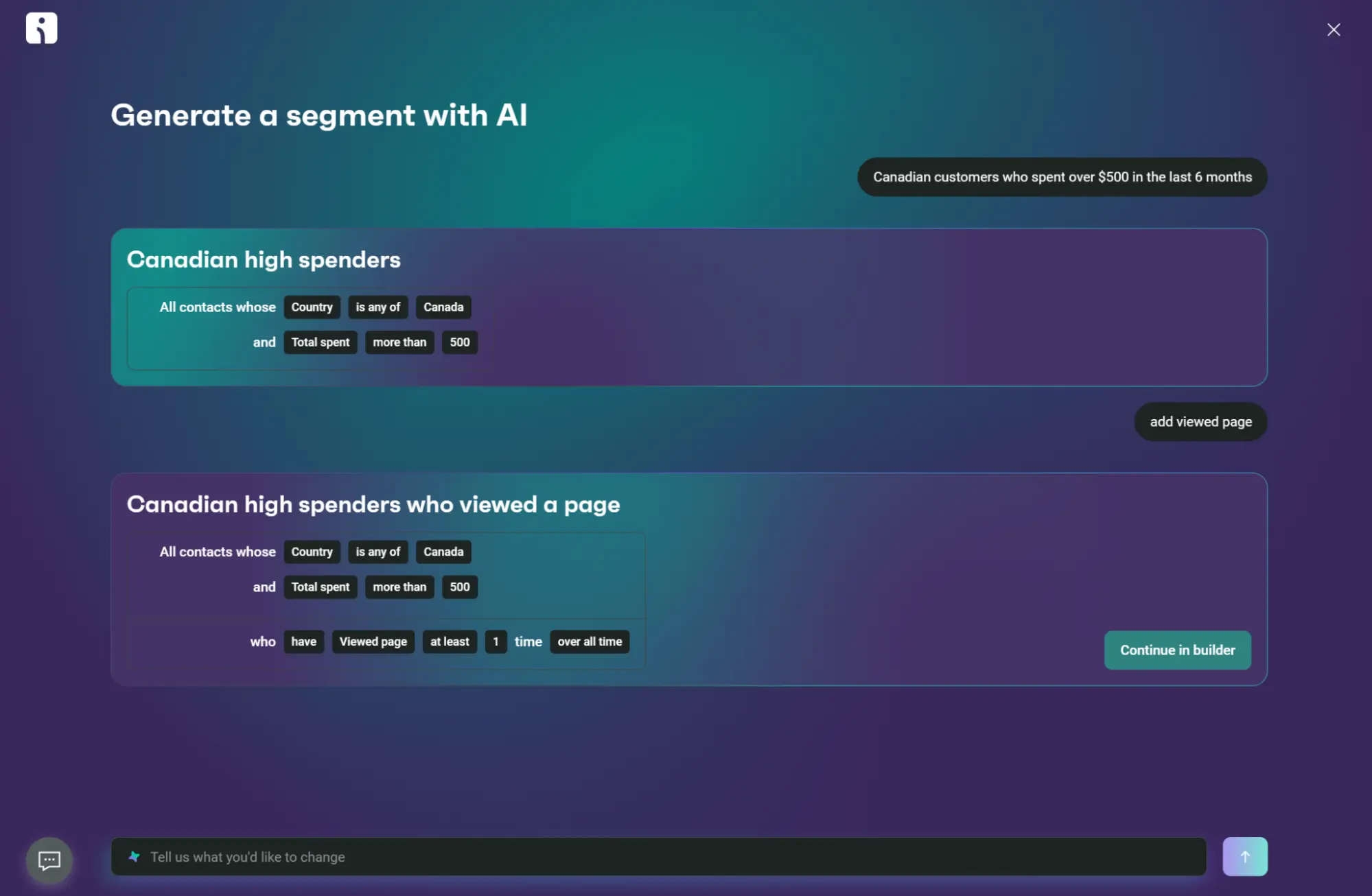 Interface for generating customer segments using AI with two example filters for Canadian high spenders.