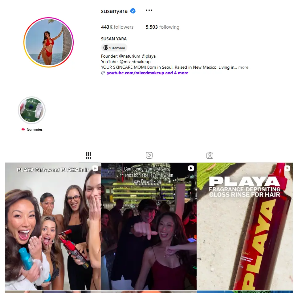 Instagram profile page for Susan Yara featuring her bio, story highlights, and a grid of video posts.