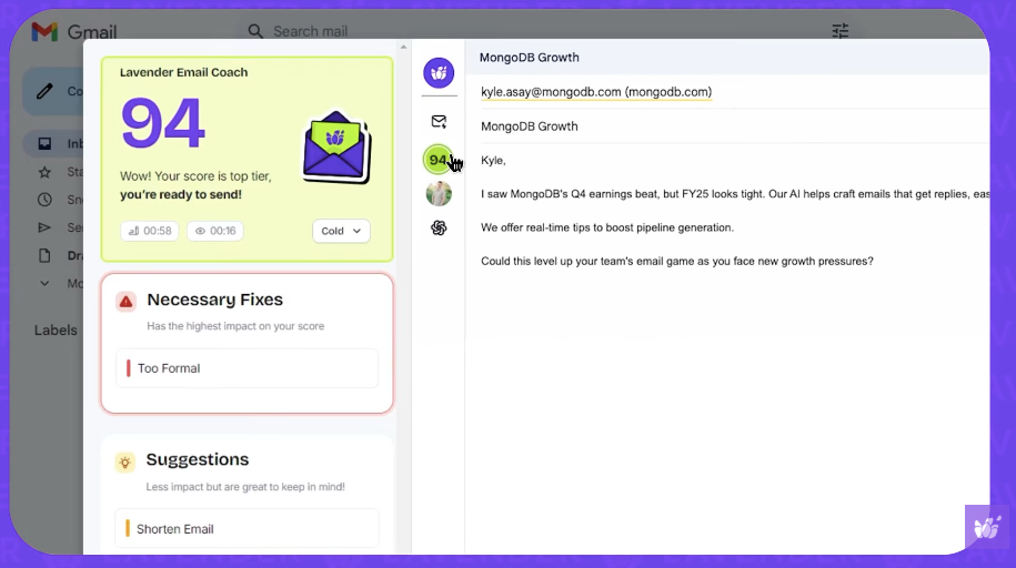 Gmail interface showing a Lavender email coaching sidebar with a score of 94 and suggestions for improving an email draft.
