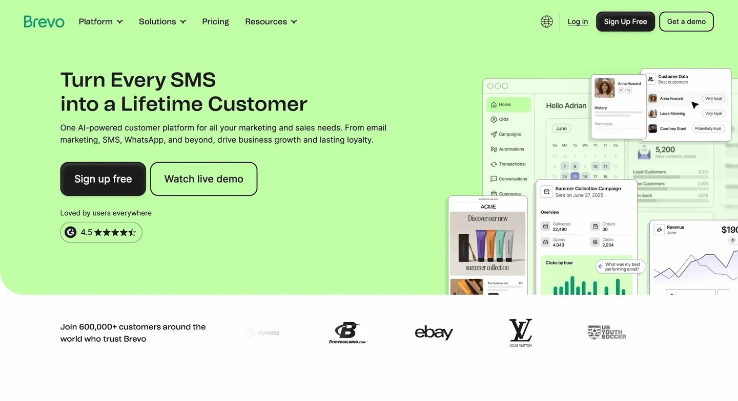 Brevo marketing website homepage featuring platform features, customer testimonials, and company logos.