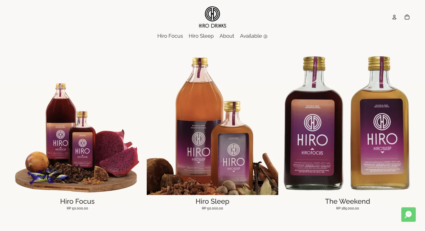 Hiro Drinks’ product collection featuring Hiro Focus, Hiro Sleep, and The Weekend wellness elixirs.