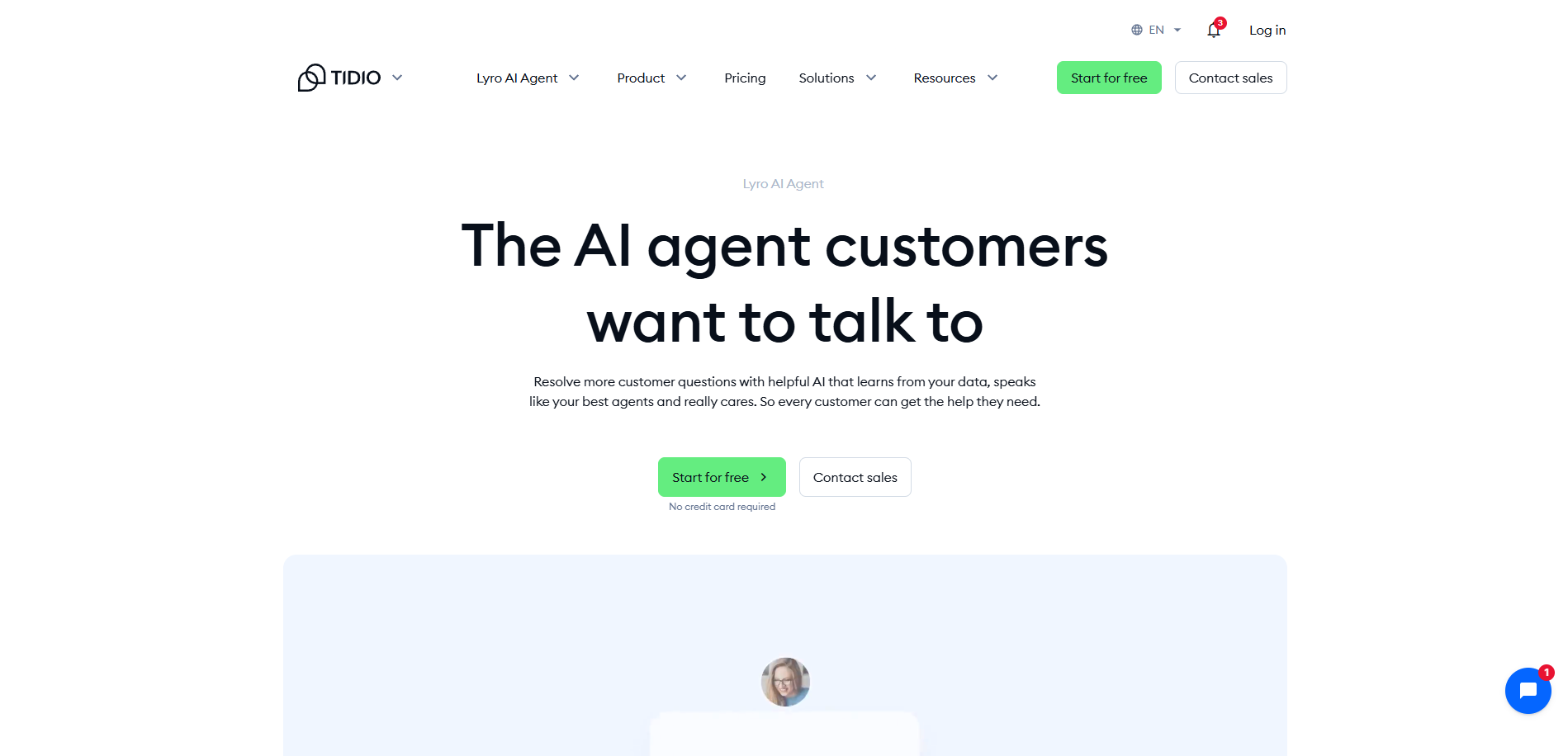 Lyro homepage banner featuring the headline The AI agent customers want to talk to and a Start for free button.