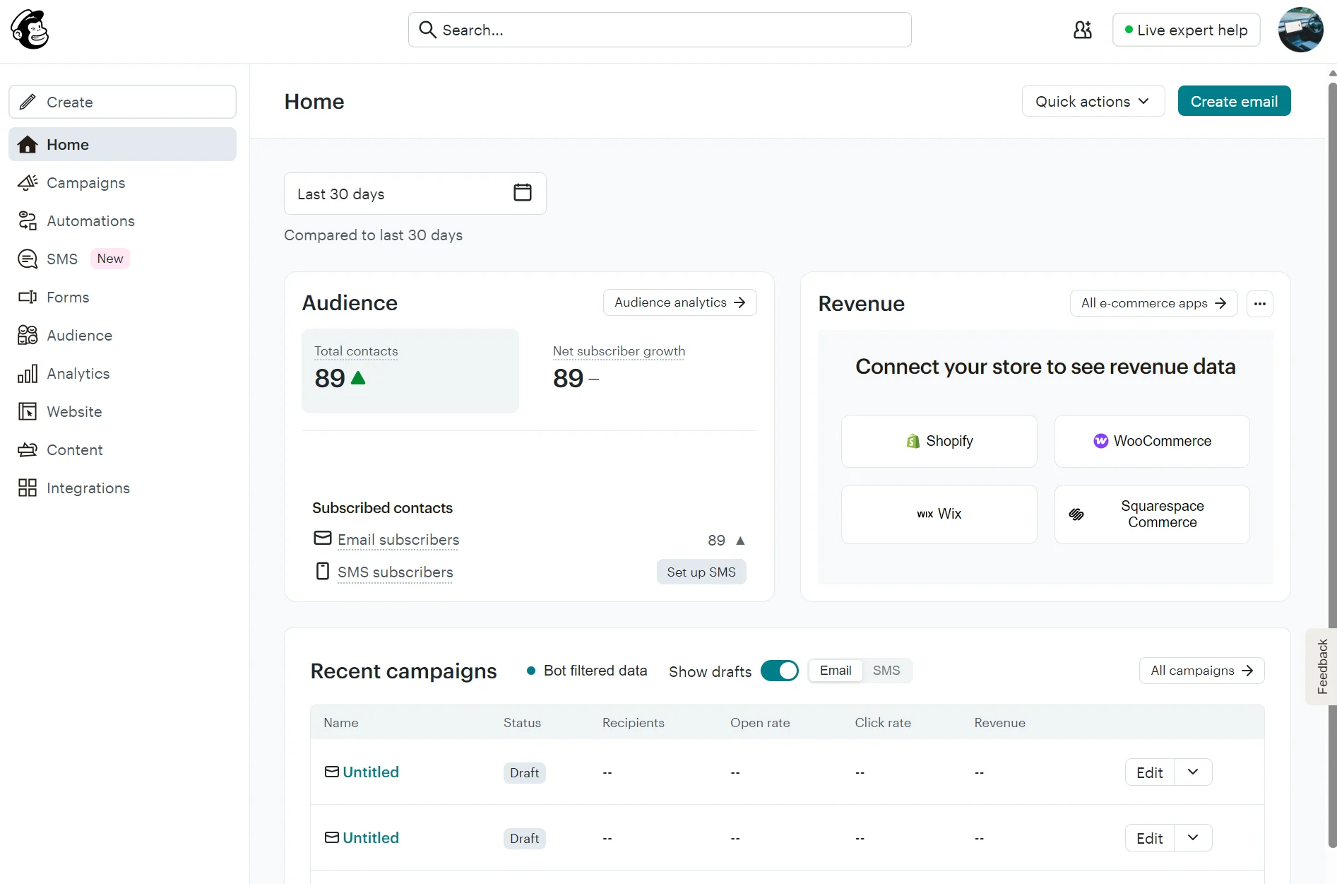 Mailchimp dashboard showing audience growth, revenue integration options, and recent campaign drafts.
