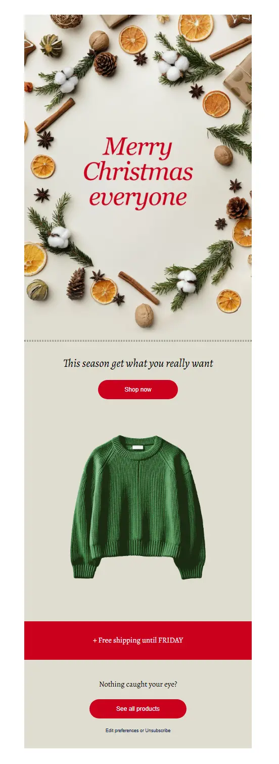 Email newsletter featuring a green knit sweater, holiday decorations, and buttons for shopping and site navigation.