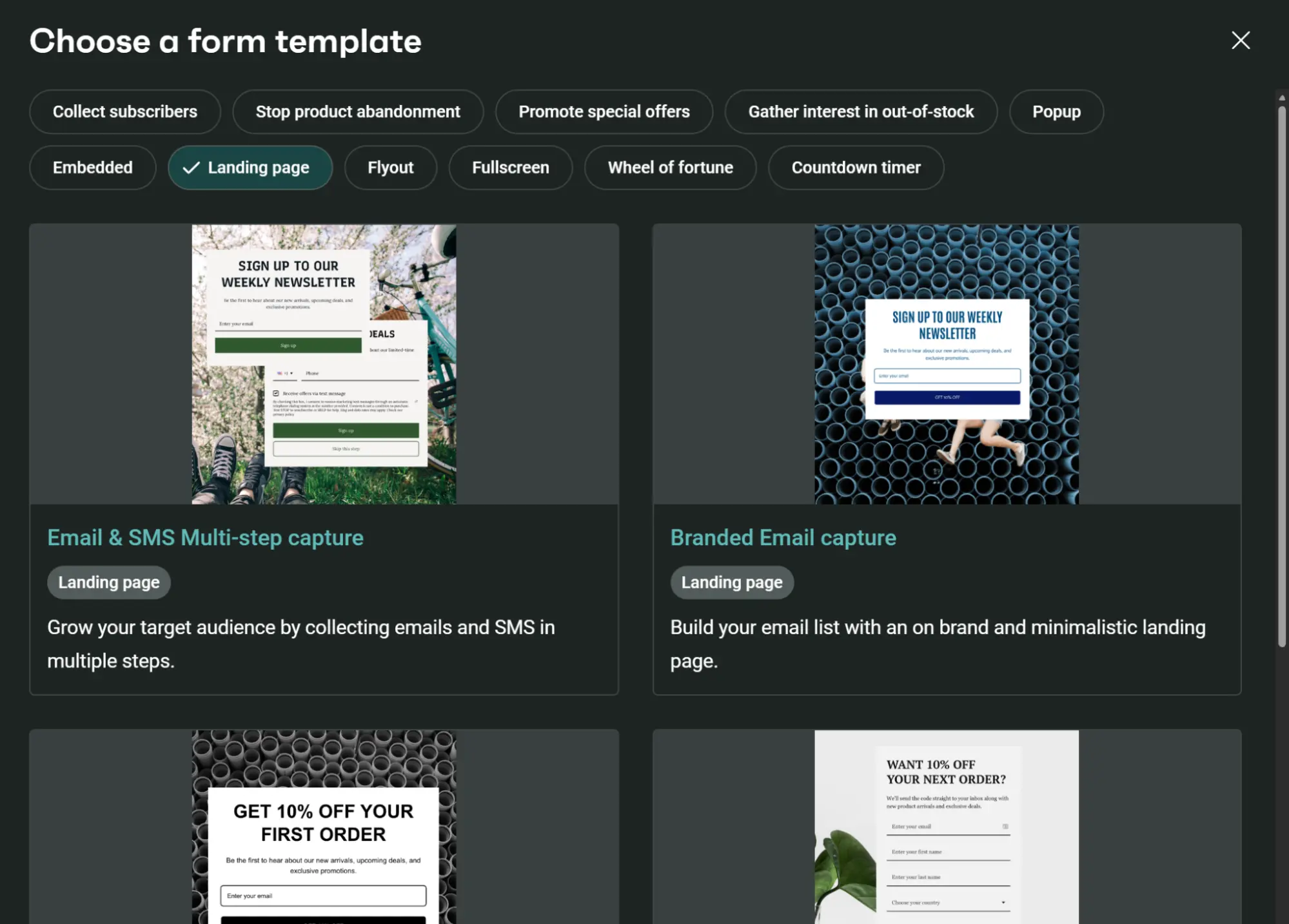 Interface showing a list of email capture form templates with previews and descriptions.