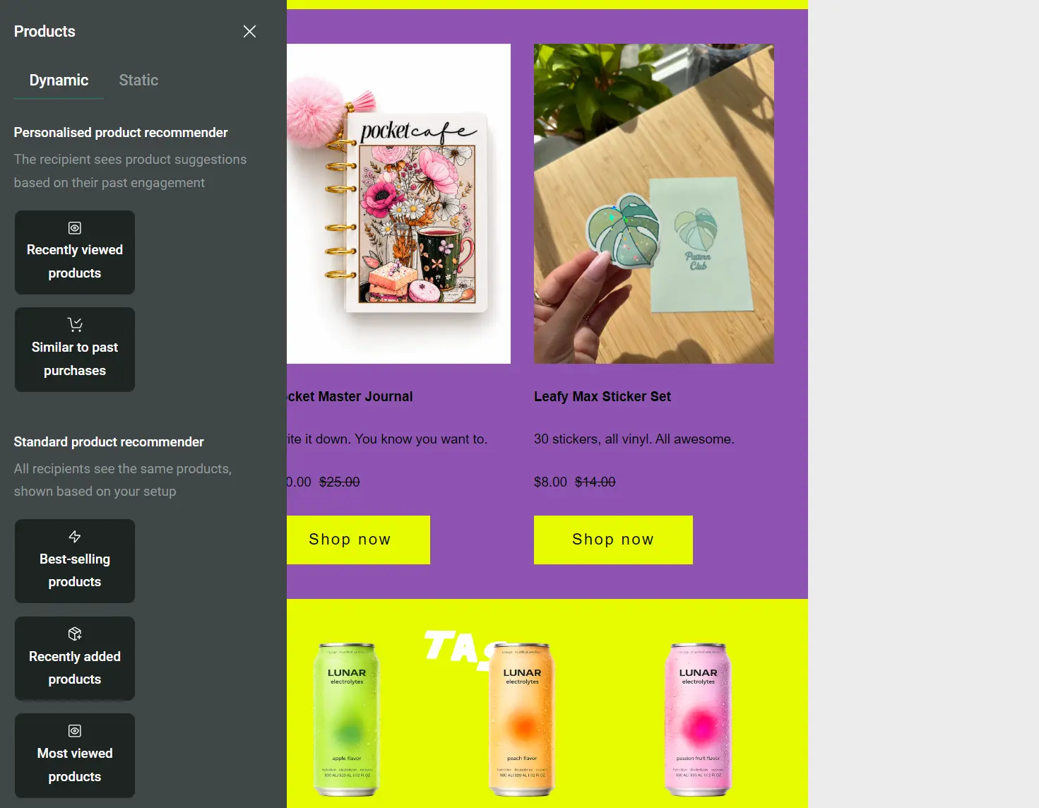 An email builder with product recommendation settings next to a display of journals, stickers, and electrolyte drinks.