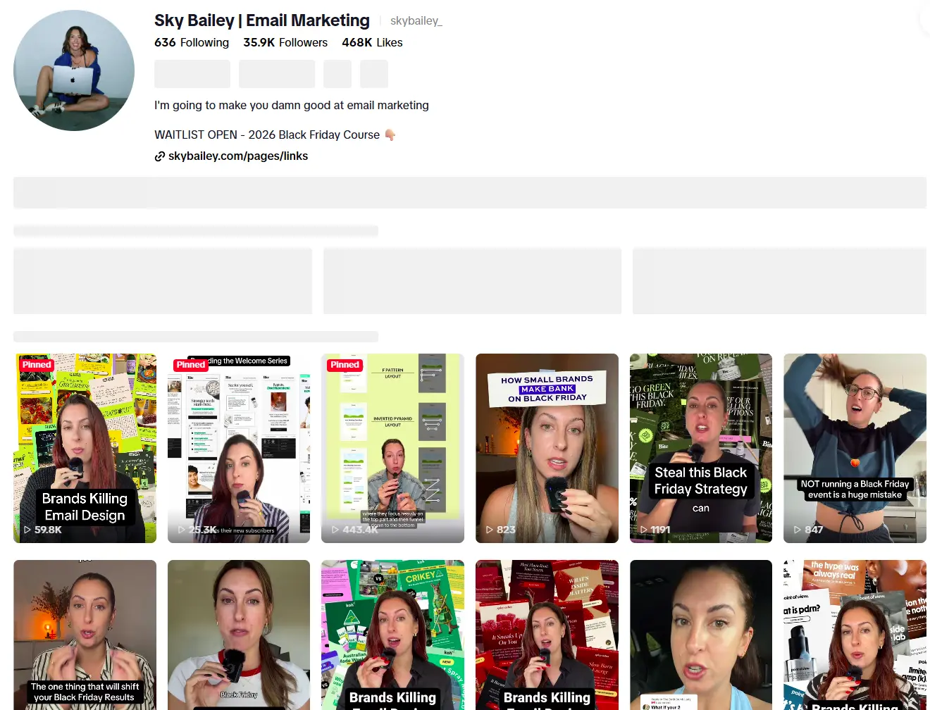 Instagram profile page for Sky Bailey, an email marketing expert, showing a grid of video thumbnails.