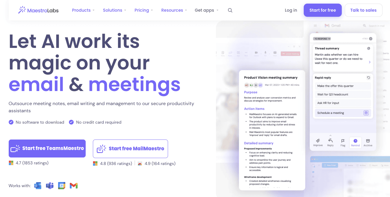MaestroLabs homepage with the headline Let AI work its magic on your email & meetings and a UI preview of meeting notes.