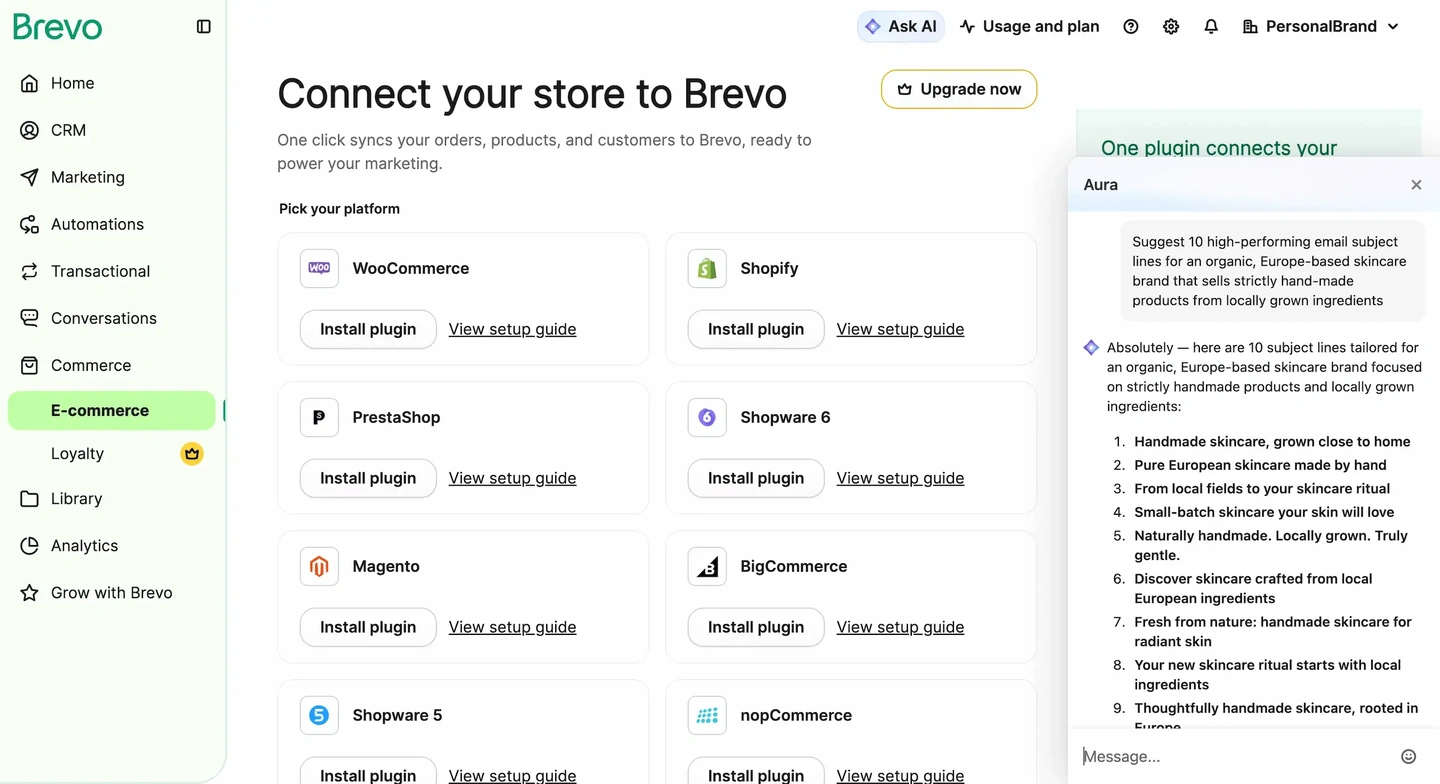 Brevo interface showing platform integration options and an Aura AI chat window with skincare email subject lines.