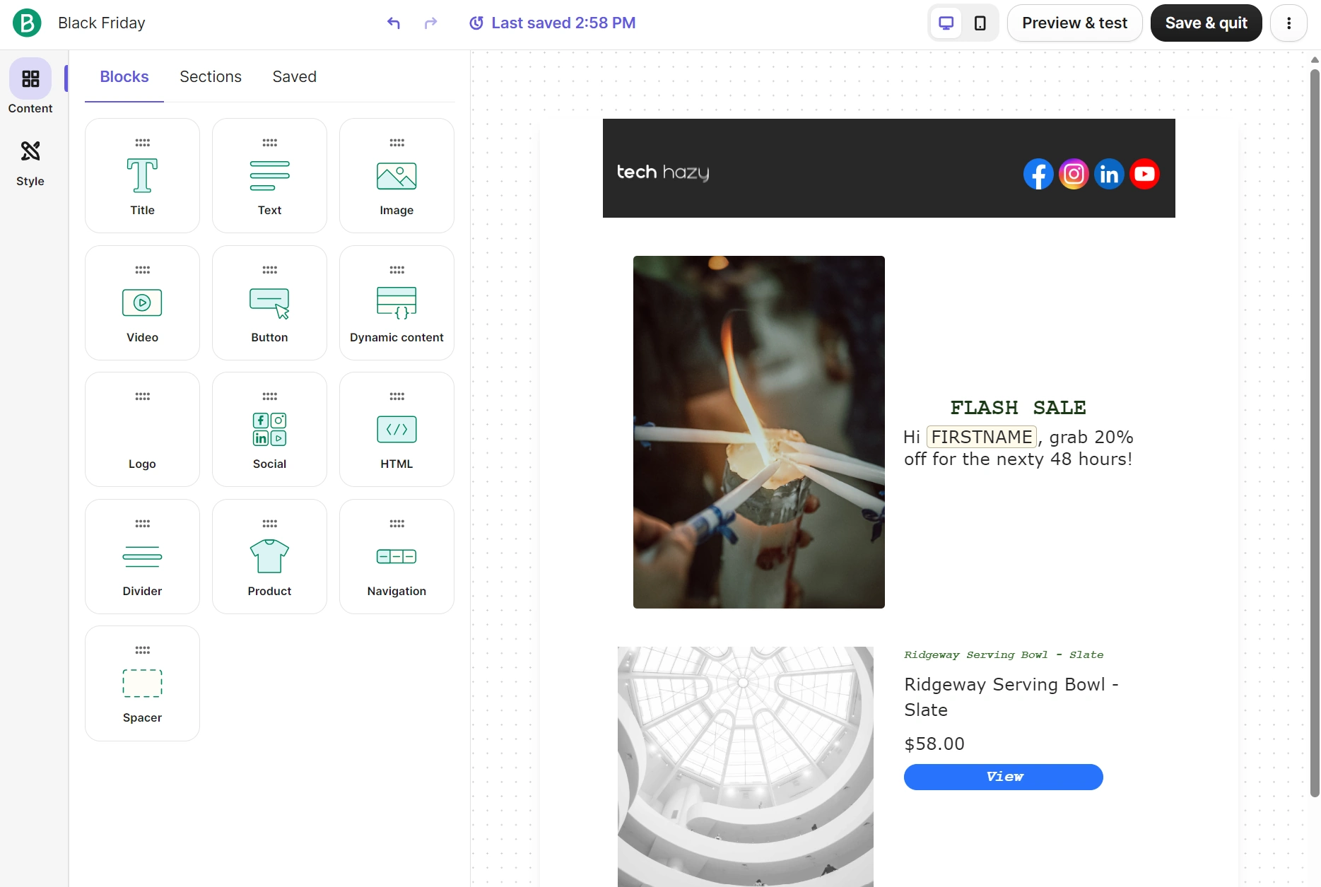 Brevo editor interface showing a page builder sidebar and a preview of a promotional email with a flash sale banner.