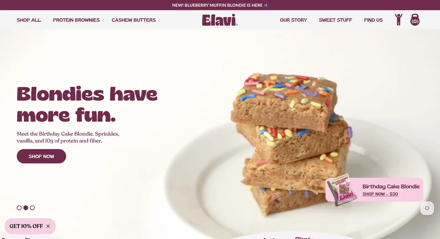 Elavi’s homepage featuring protein snacks and messaging highlighting high-protein and low-sugar ingredients.
