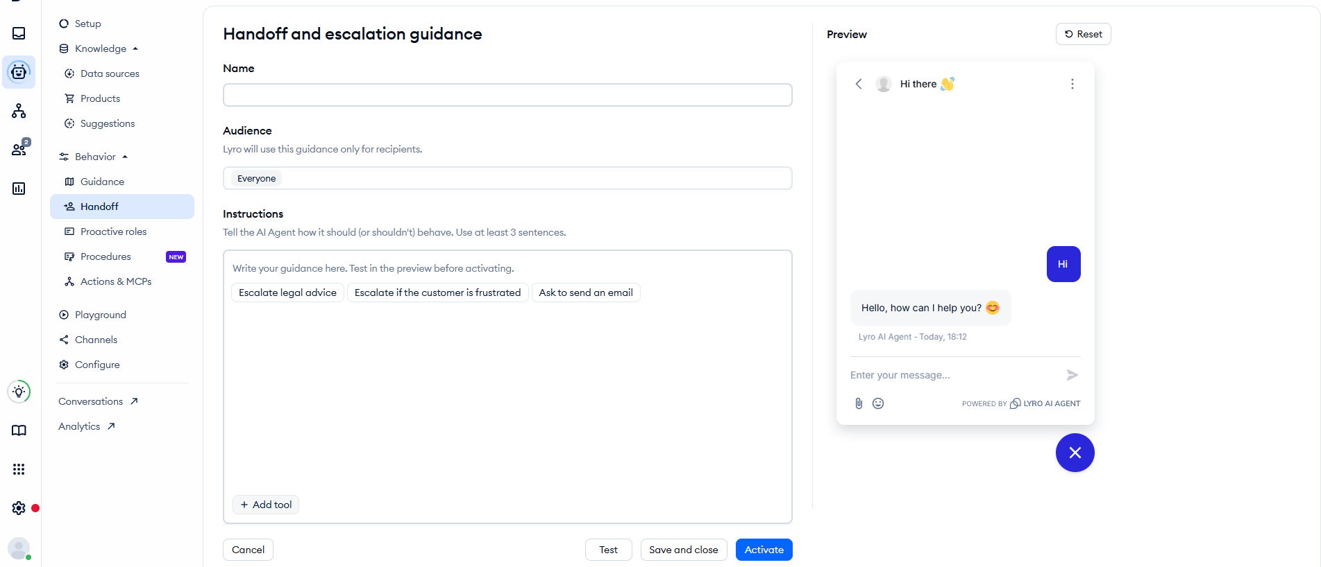 Interface for configuring Lyro AI Agent handoff and escalation instructions with a live chat preview.