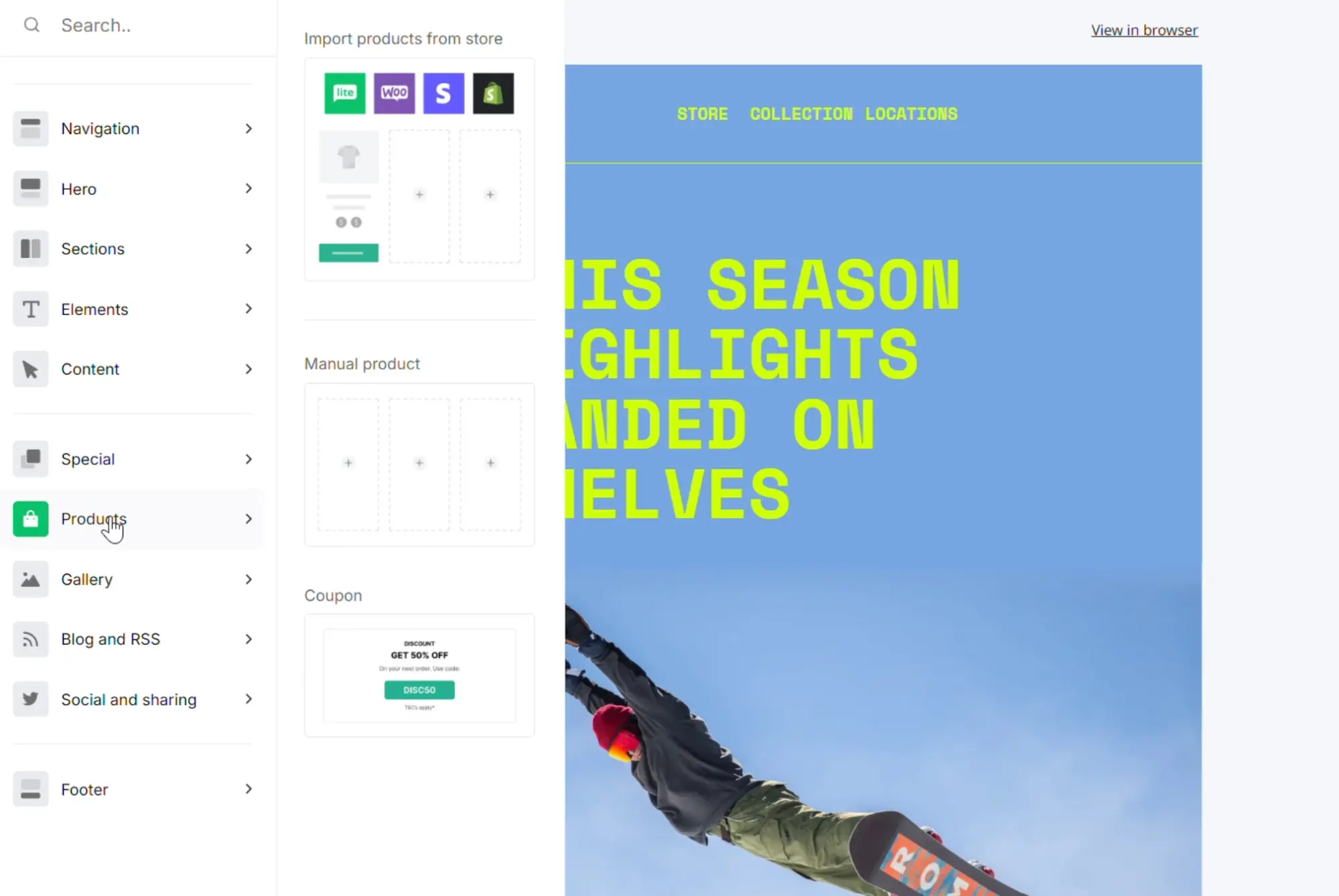 Email editor interface showing a menu of content blocks and a preview of a webpage with a snowboarding image.
