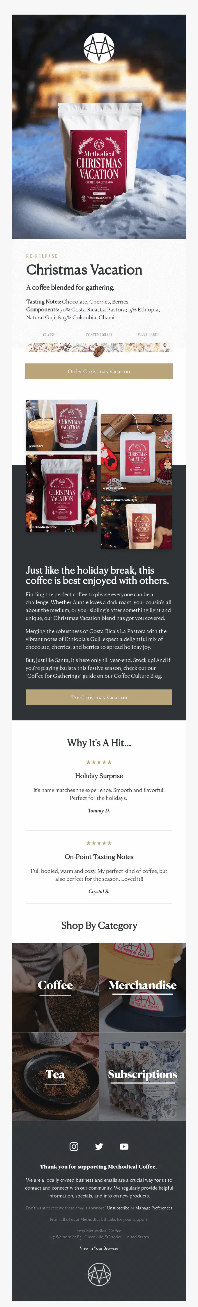 Festive blend with cranberry, brown sugar, and maple notes. Customer reviews included below.