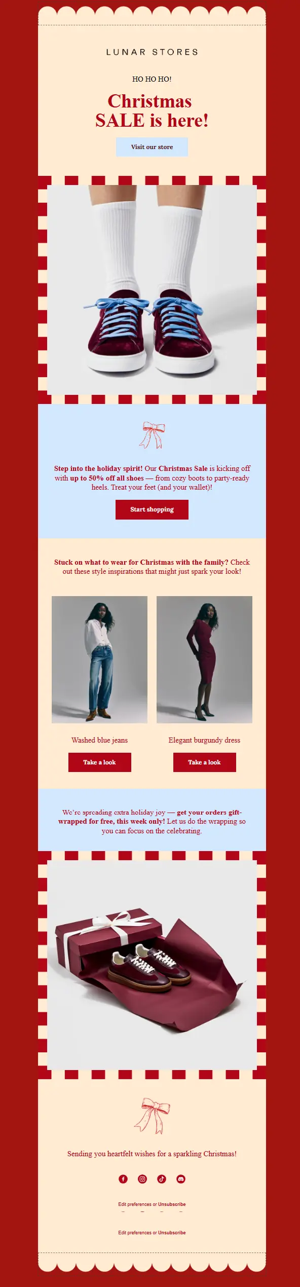 Christmas sale email featuring shoes, a blue jeans outfit, a burgundy dress, and gift-wrapped sneakers.