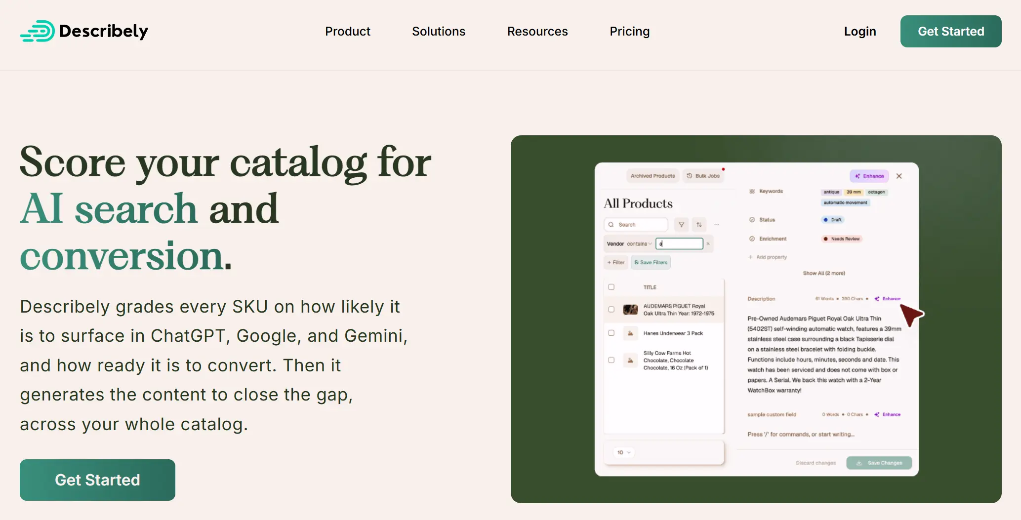 Describely homepage showing product catalog data being optimized for AI search with fields for descriptions and product status.