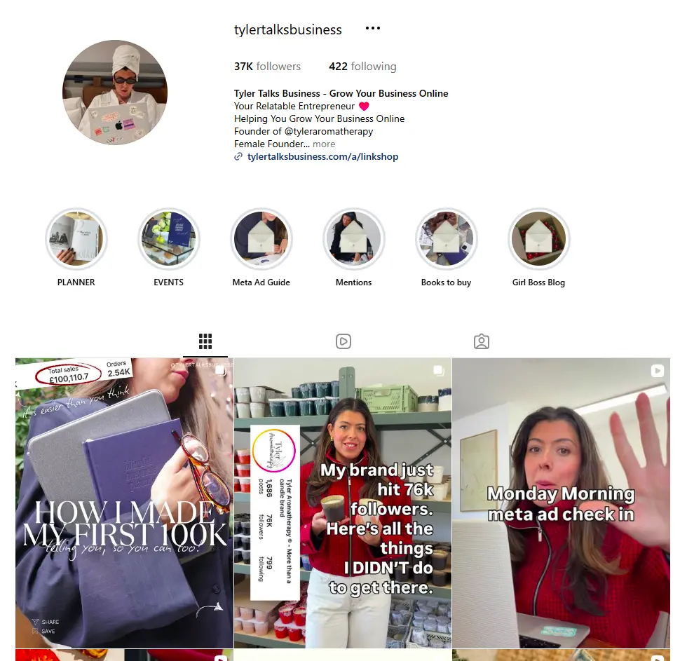 Instagram profile for Tyler Talks Business featuring profile details and a grid of video content.