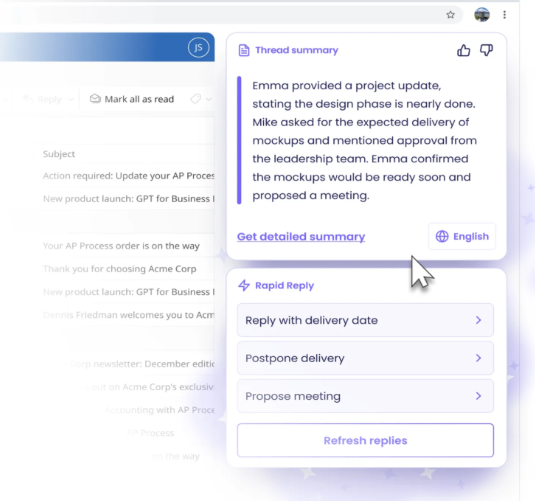 Email interface with an AI sidebar showing a thread summary and rapid reply options.