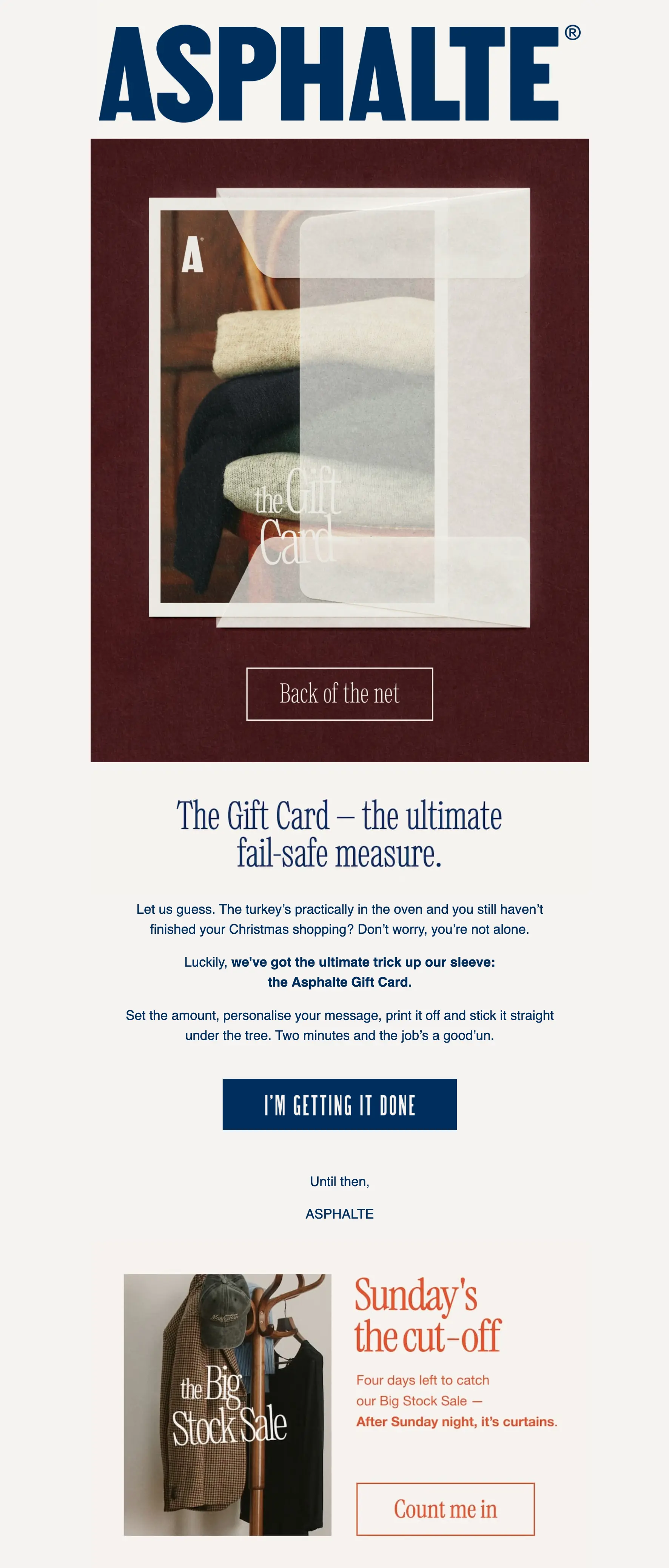 A folded sweater in a box with an Asphalte gift card on top, labeled Back of the net.