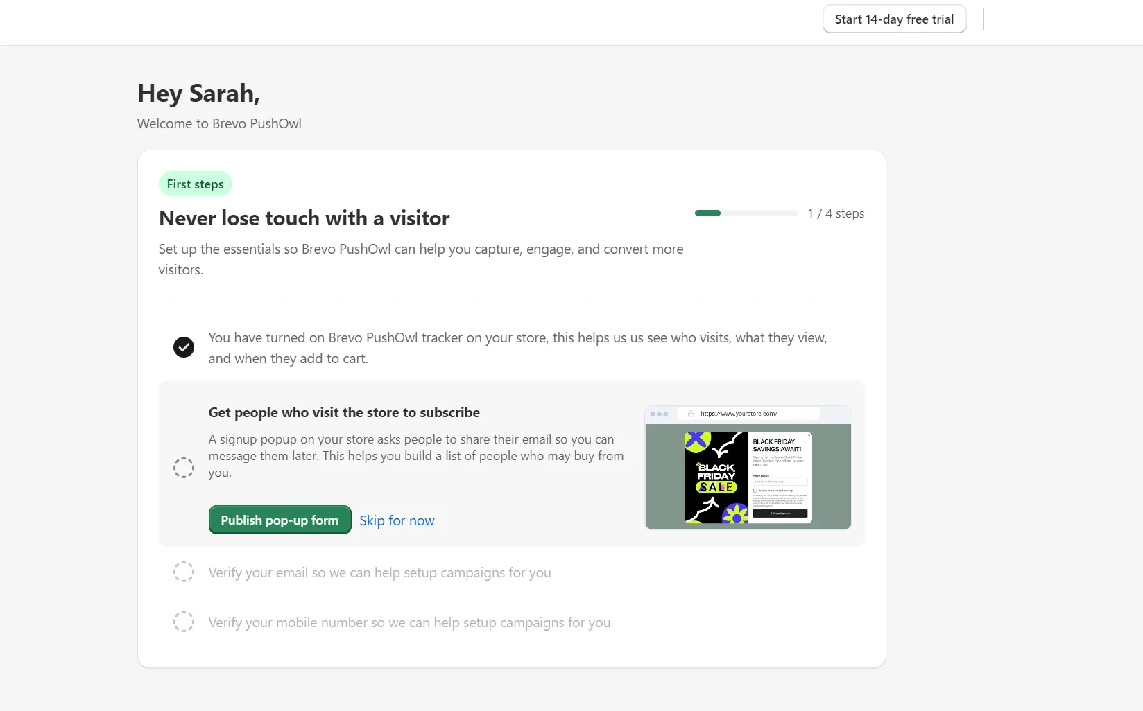 Brevo PushOwl dashboard showing the first onboarding step to set up a signup popup for store visitors.
