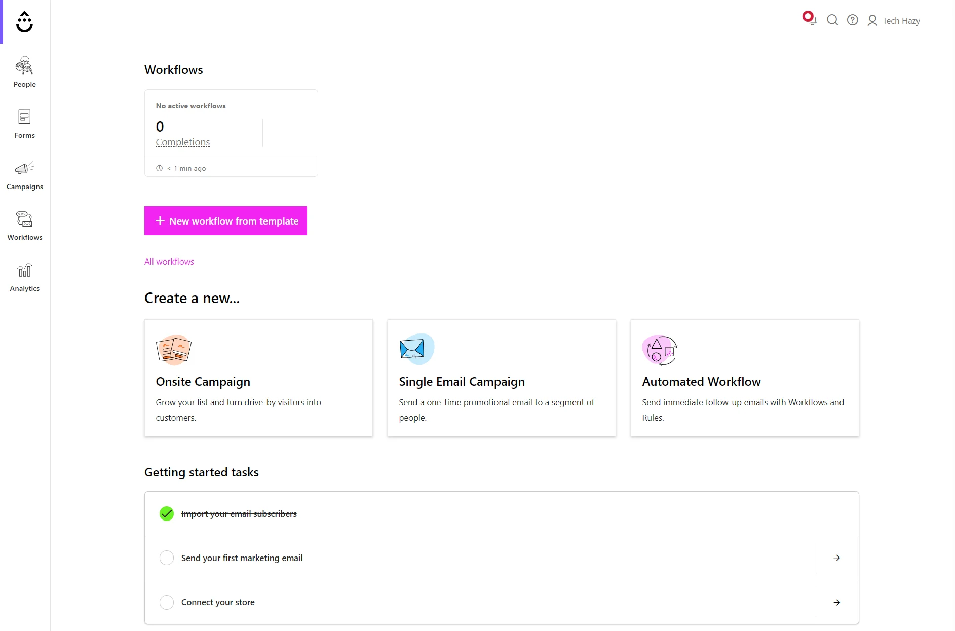 Drip dashboard showing workflow status, campaign creation options, and getting started tasks.