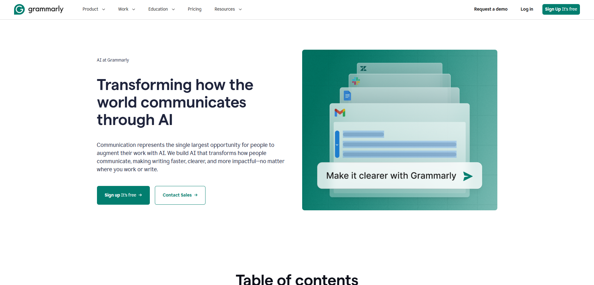 Grammarly homepage featuring the headline Transforming how the world communicates through AI and a graphic of app icons.