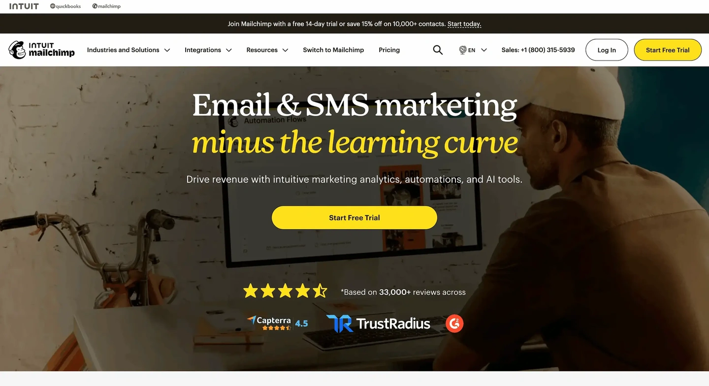 Mailchimp homepage showing Email & SMS marketing minus the learning curve and a Start Free Trial button.