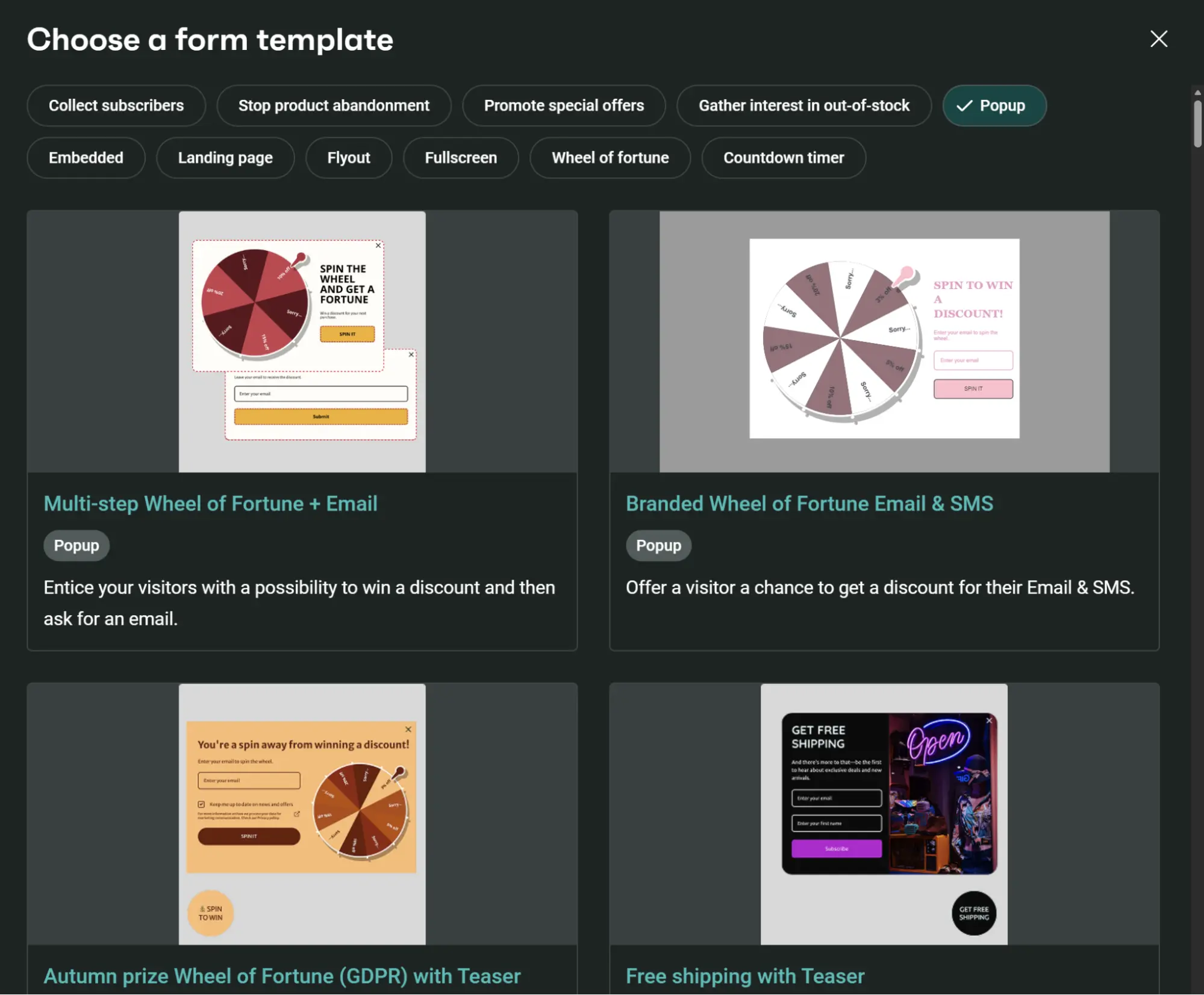 A selection of pop-up form templates, including wheel-of-fortune and promotional sign-up designs.