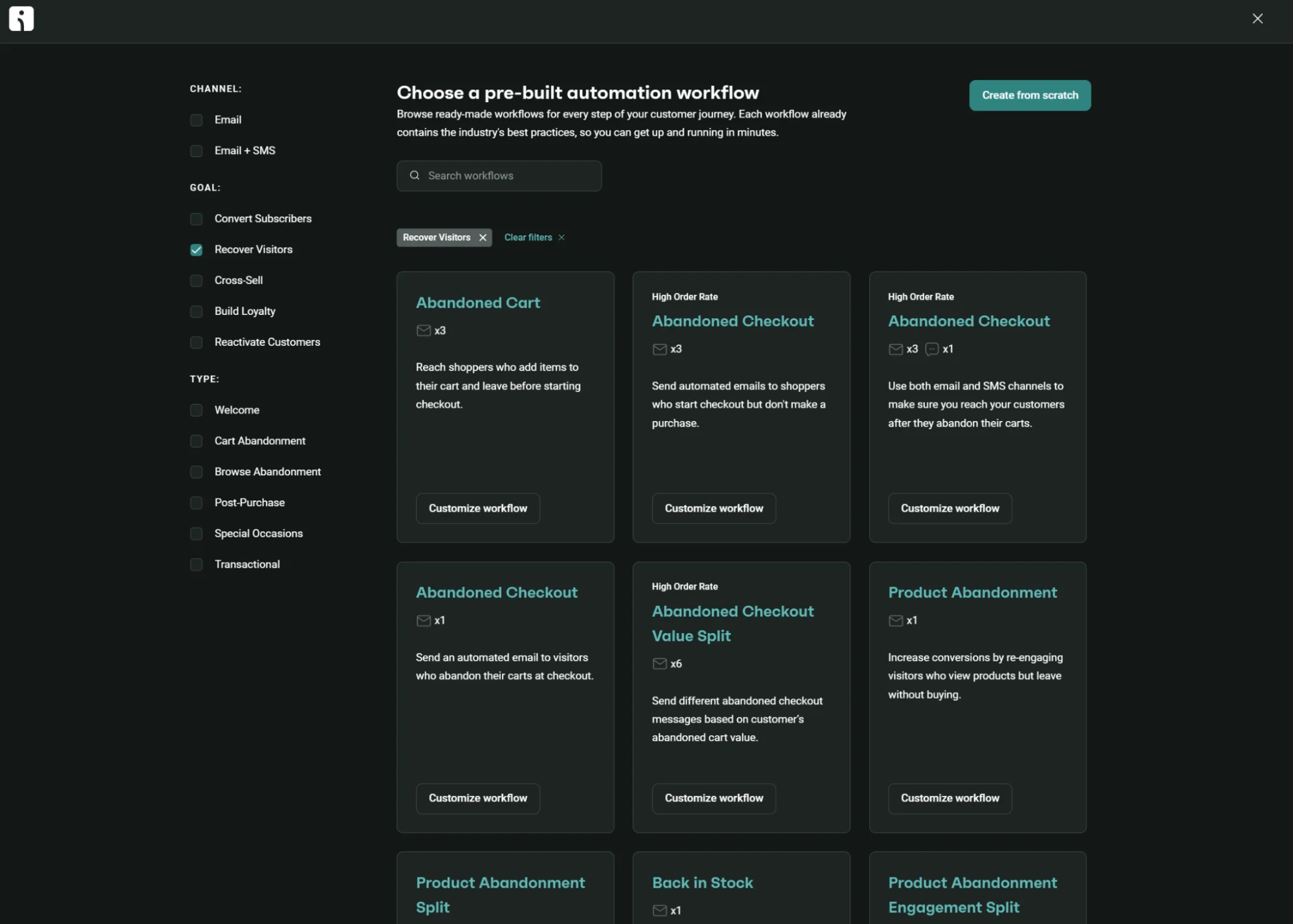 Omnisend interface showing a library of pre-built marketing automation workflows with filtering options.