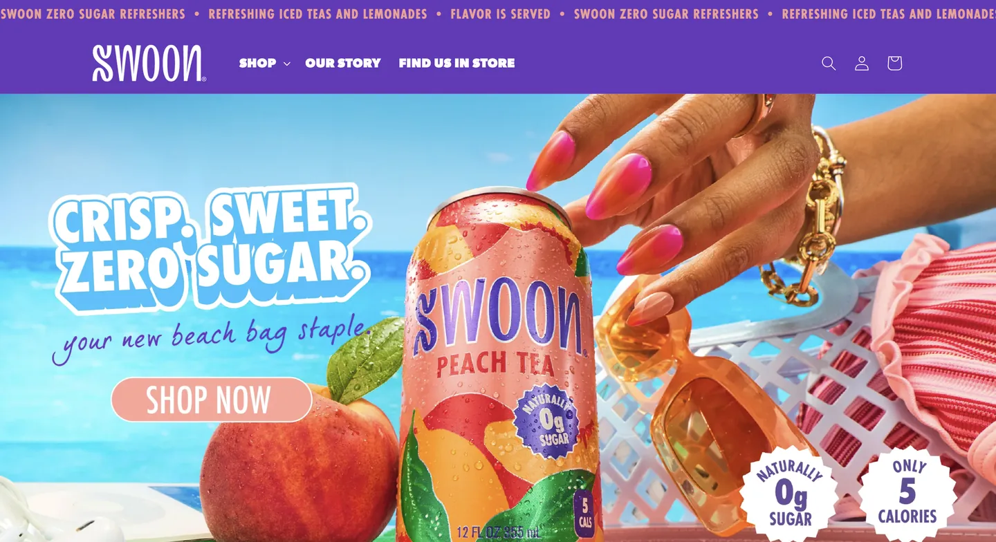Swoon homepage showing a Peach Tea can on a sunny beach with the headline “Crisp, sweet, zero sugar”