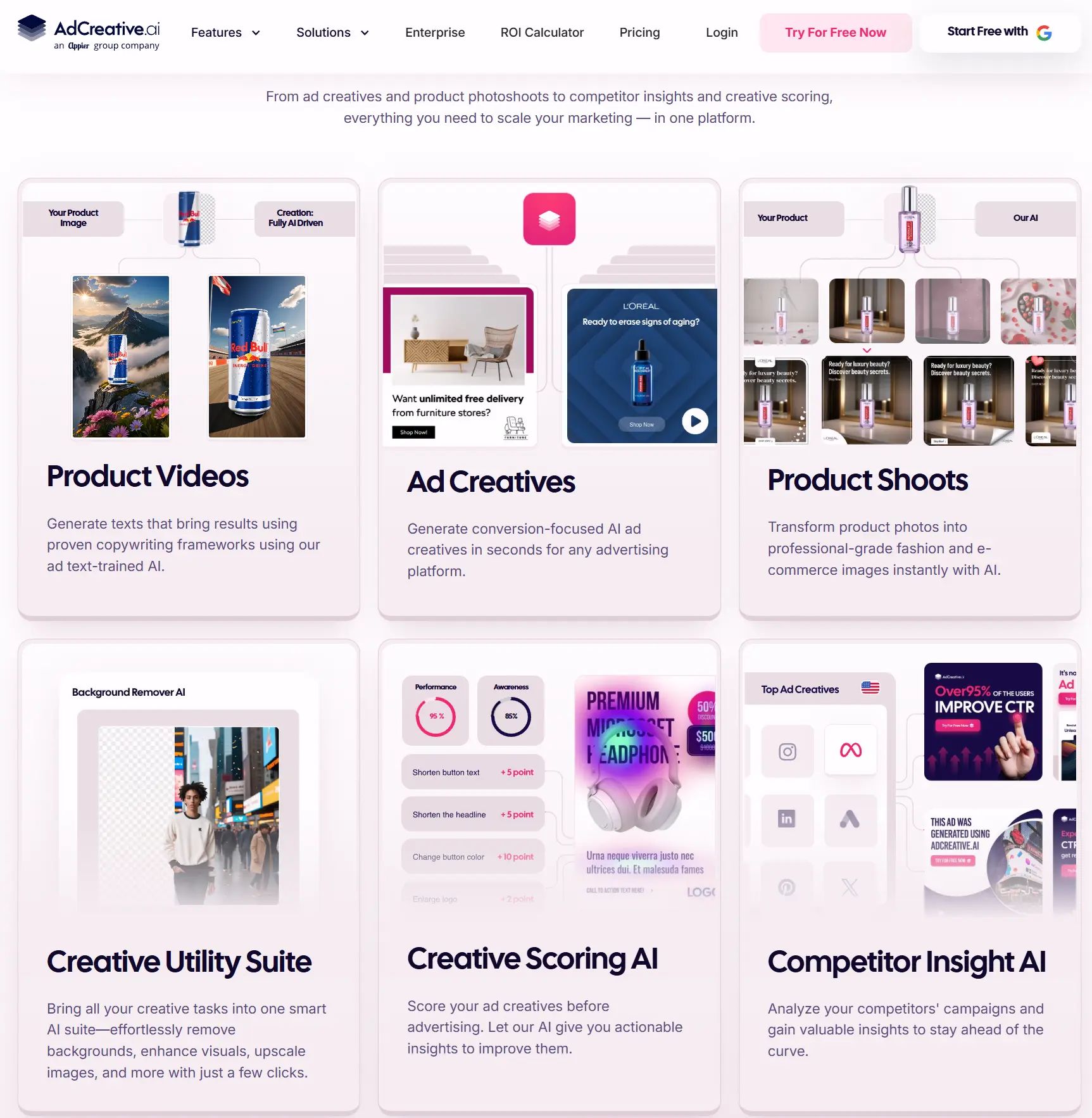 AdCreative.ai page: tools for product videos, ads, shoots, utilities, scoring, and insights.