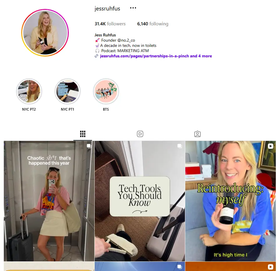 Instagram profile page for Jess Ruhfus featuring bio information and a grid of video thumbnails.
